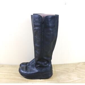 Fitflop Boots 5 Black Leather Superboot Pull On Wedge Tall Knee High Shoes